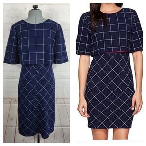 Trina Turk Avila Windowpane 60's Inspired Sheath Dress in Blue/White Size 0